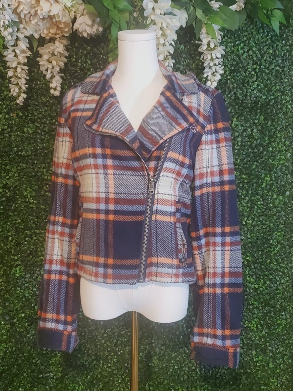 Hollister Plaid Wool Blend Moto Jacket Navy Orange Asymmetric Zip Cropped Sz M